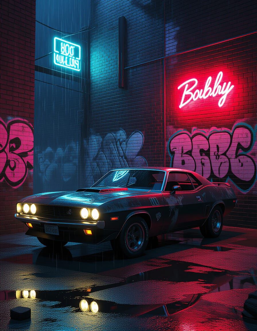 Abandoned Muscle Car in Neon Alleyway