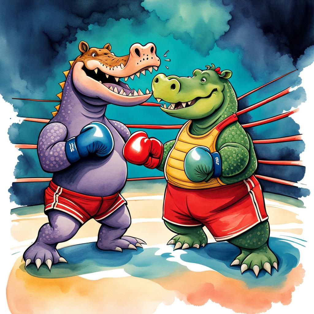 Crocodile and Hippo Boxing Match in Watercolor Style