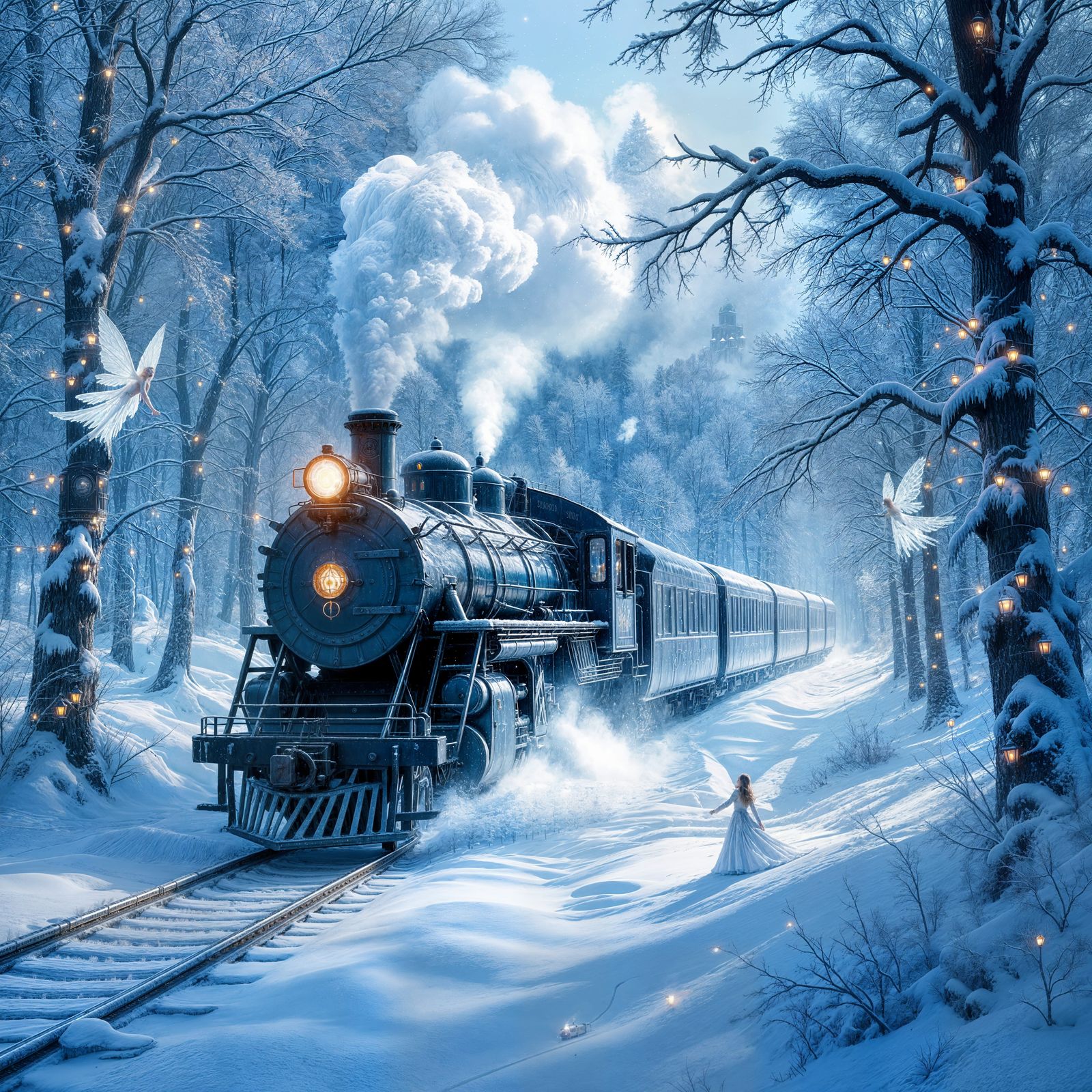 Enchanted Ice Train in Snowy Forest
