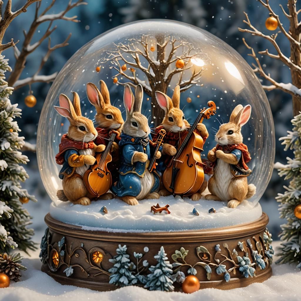 Rabbits' Musical Snow Globe: Fantasy Oil Painting
