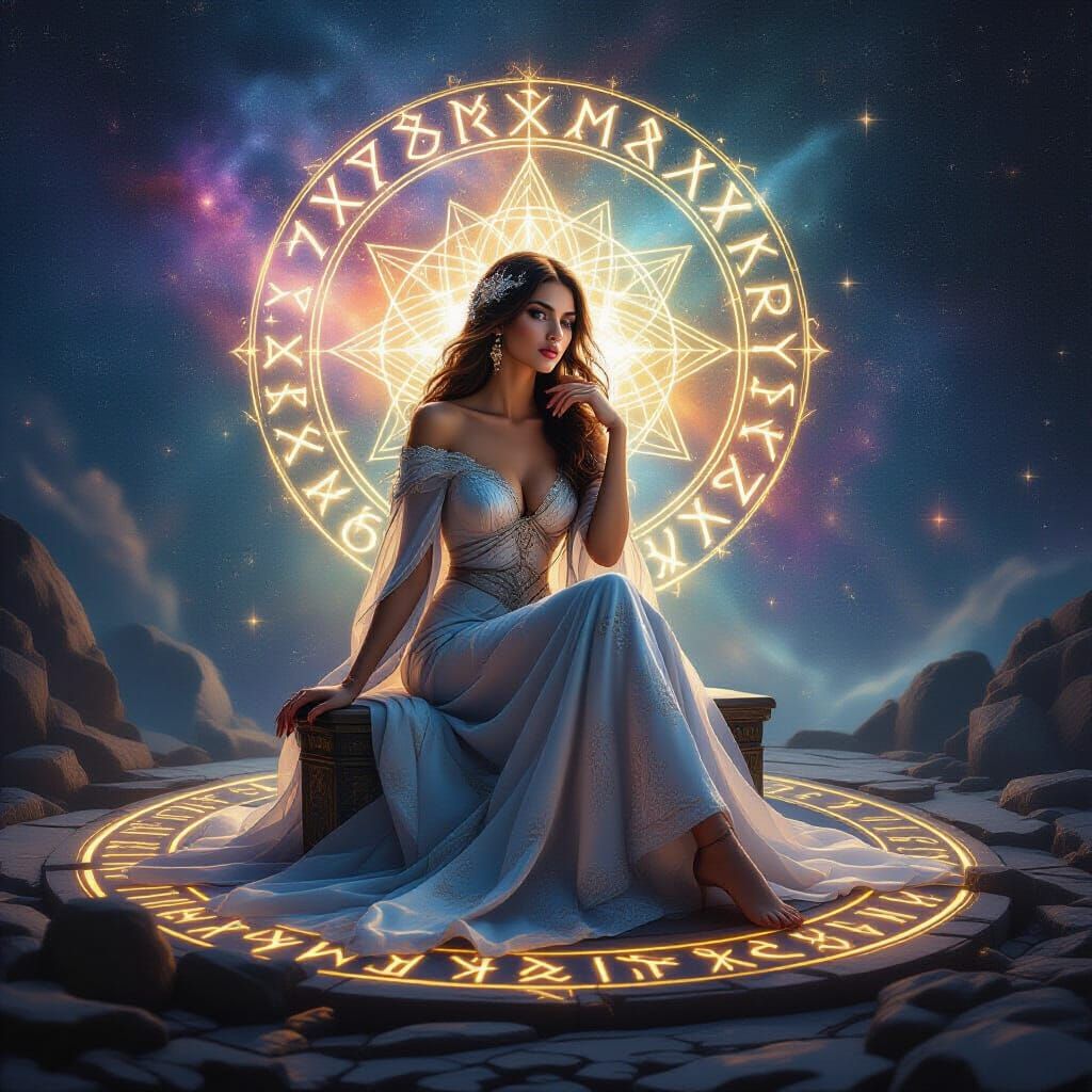 Nebula Woman Surrounded by Glowing Ancient Runes