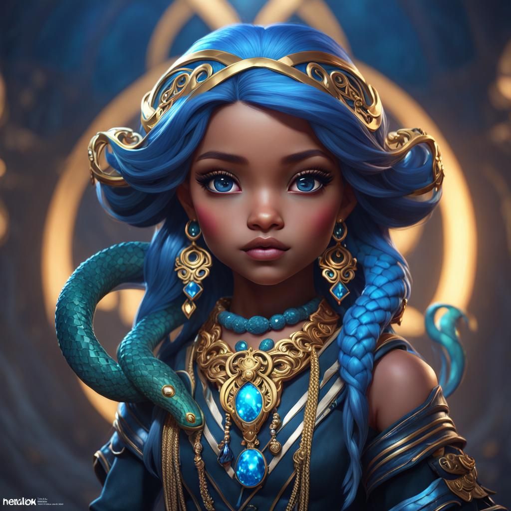 Hyperrealistic Chibi Medusa with Blue Snakes