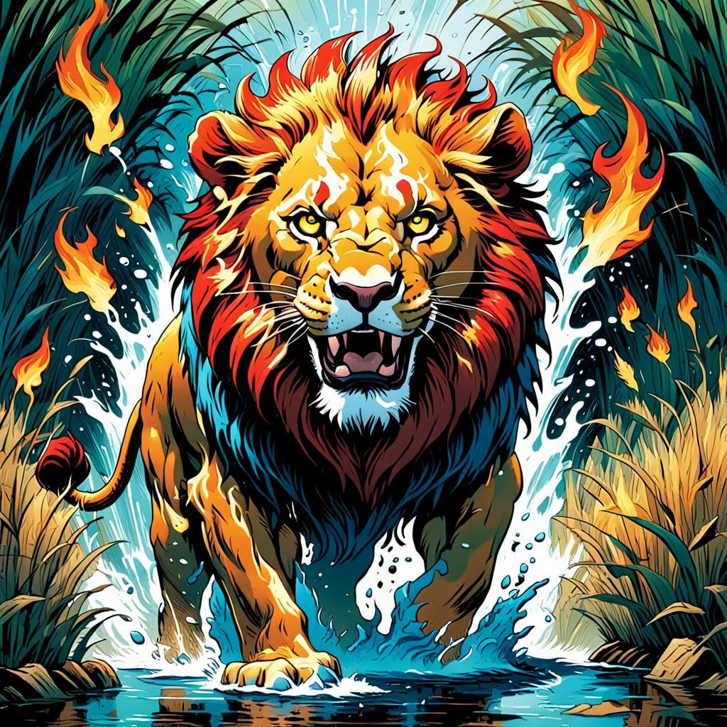 Lion Splashing in Water: Comic Book Art