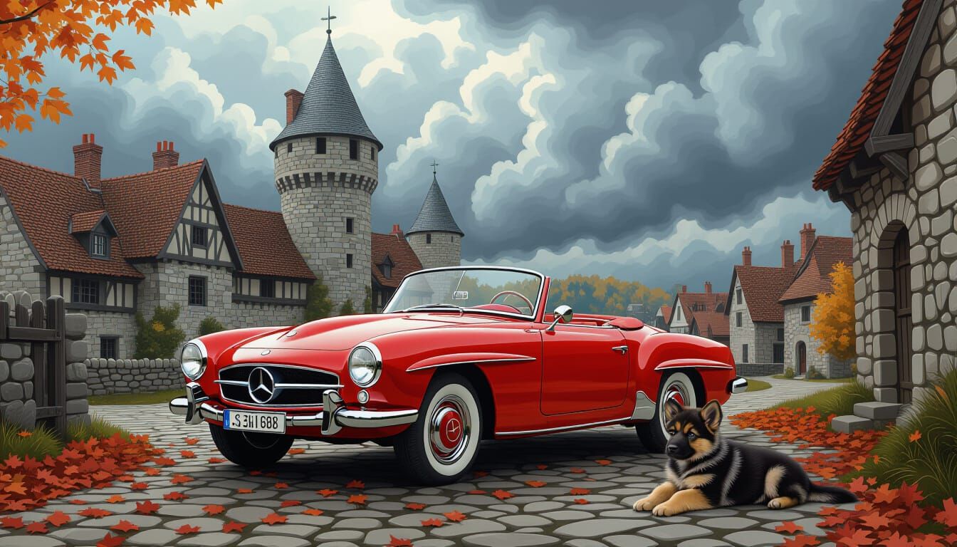 Vintage Mercedes Convertible Before Medieval Castle, Stormy ...