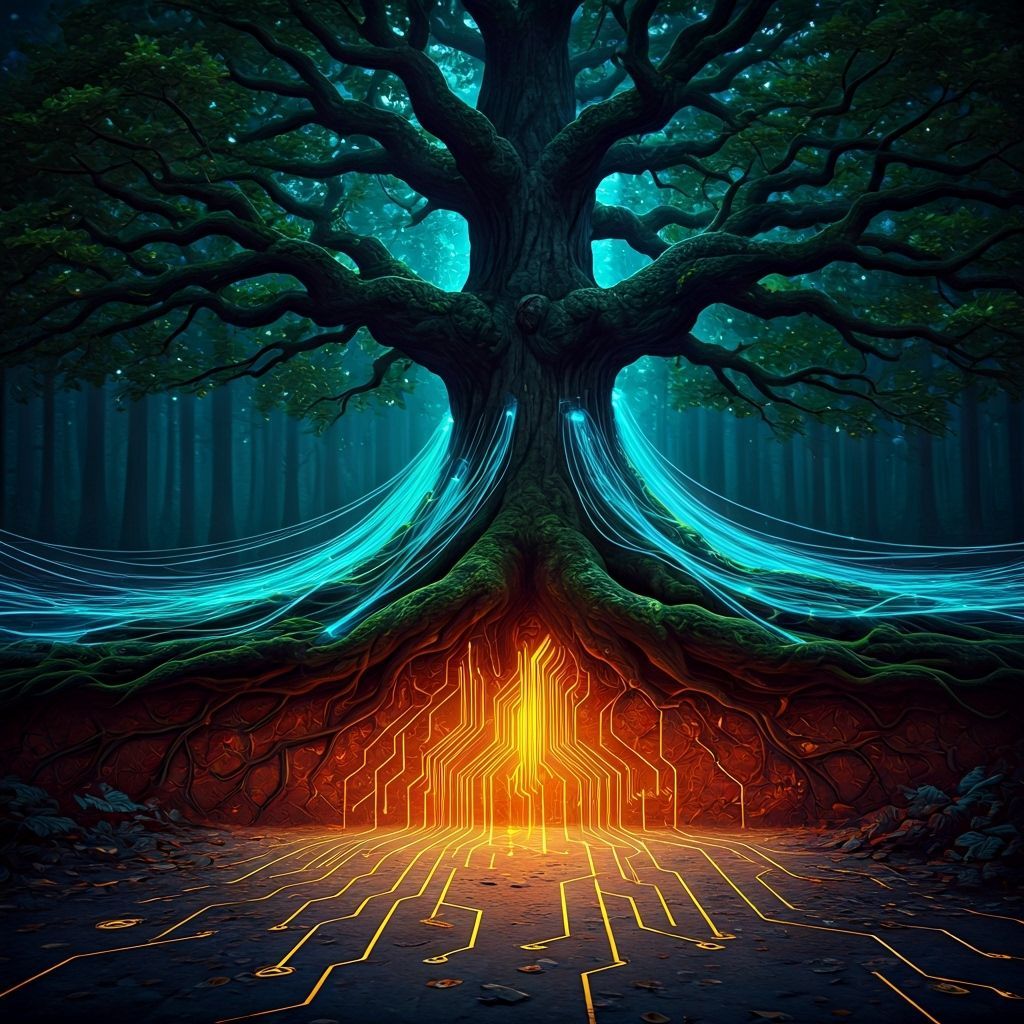 Ancient Oak Tree with Glowing Fiber Optic Roots