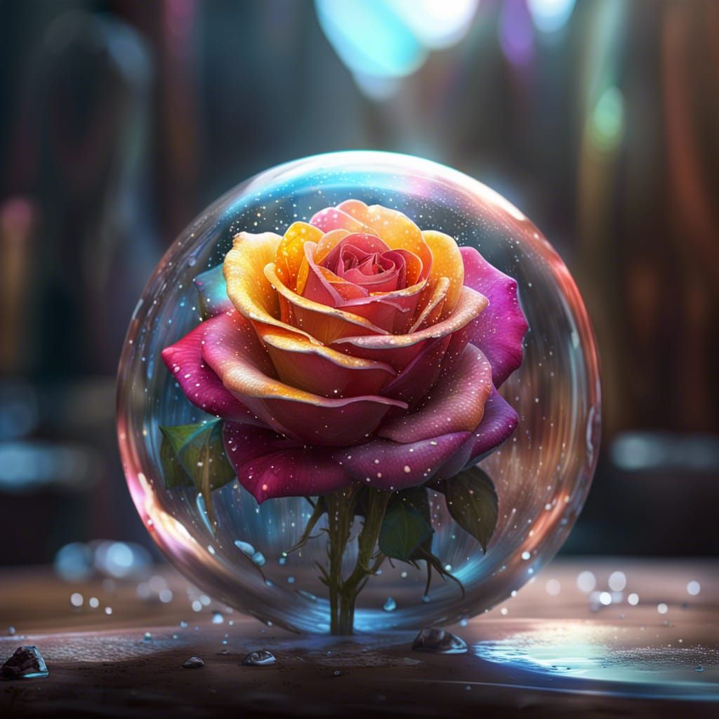 Multichromatic Rose in Glass Sphere: Hyperrealistic CGI