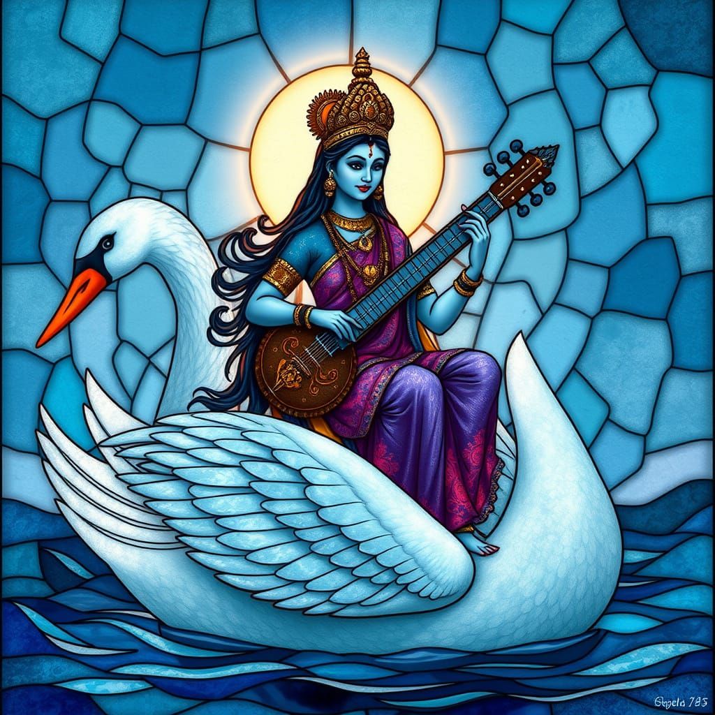 Stained Glass Goddess of Music Serenades on Swan