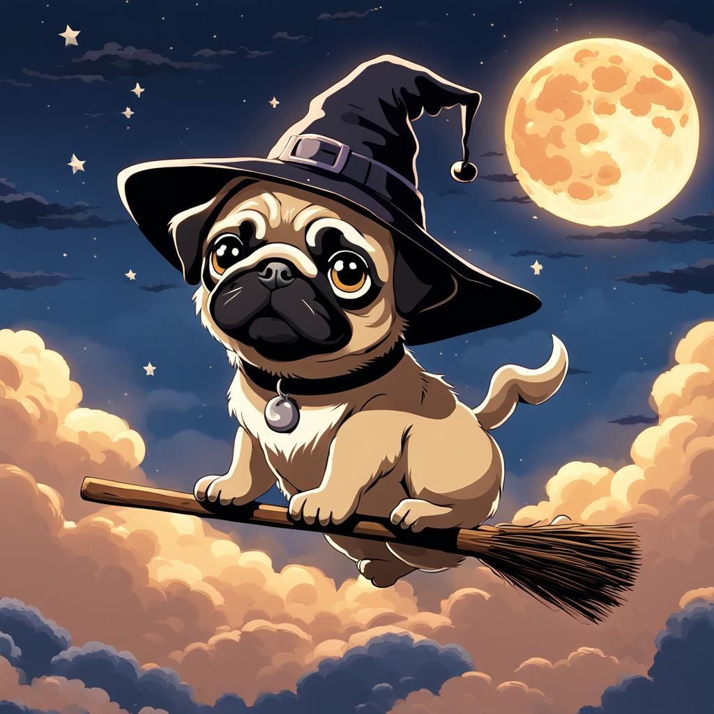 Cute Pug Puppy Witch Flying by the Moon