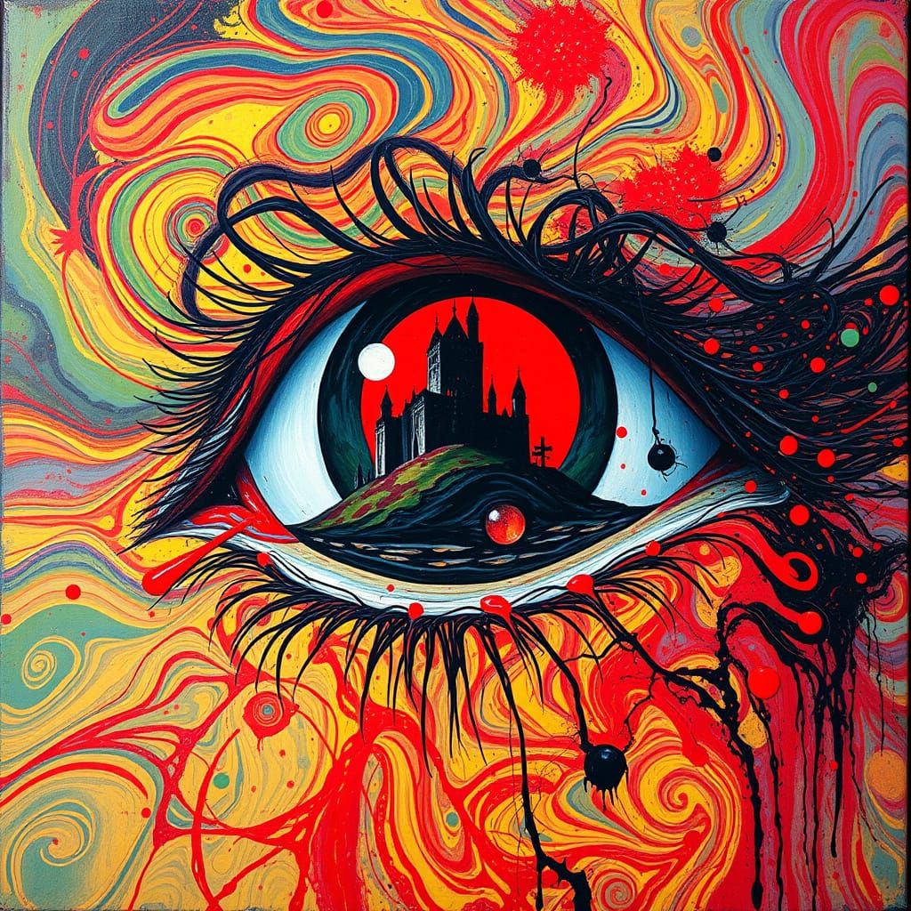 Creepy Castle Reflected in Red Eye: Surreal Art