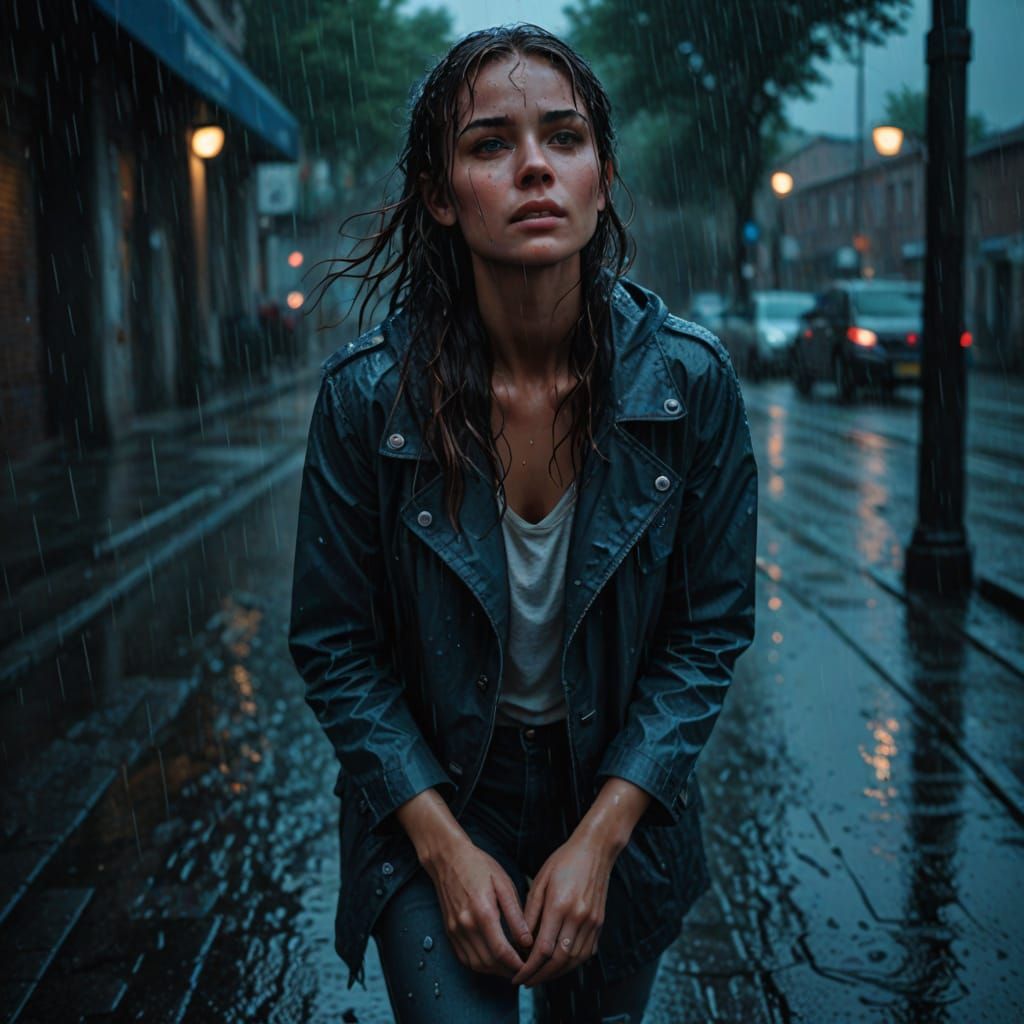 Glistening Woman Walks in Rainy Seattle