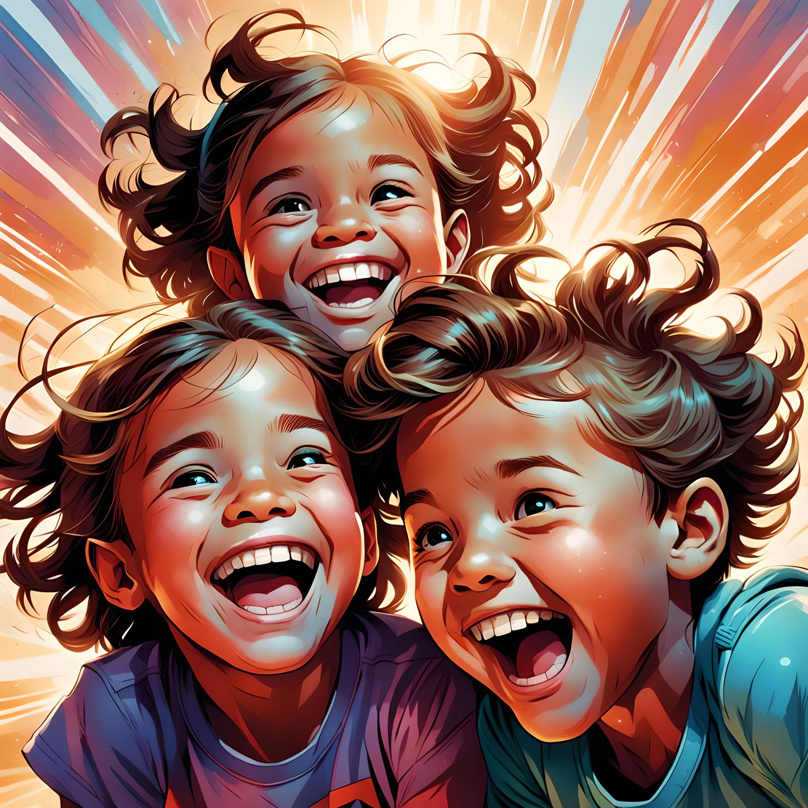 Children Laughing: Comic Book Style Art