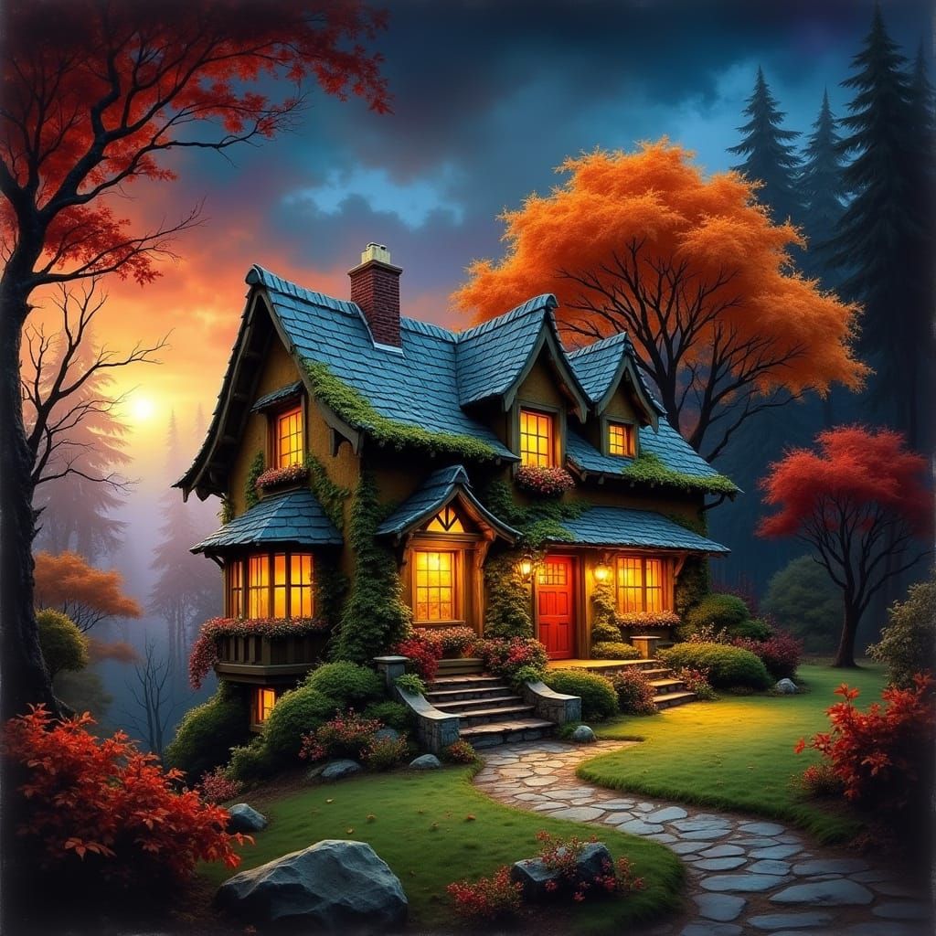Cozy Cottage in Vibrant Autumn Forest