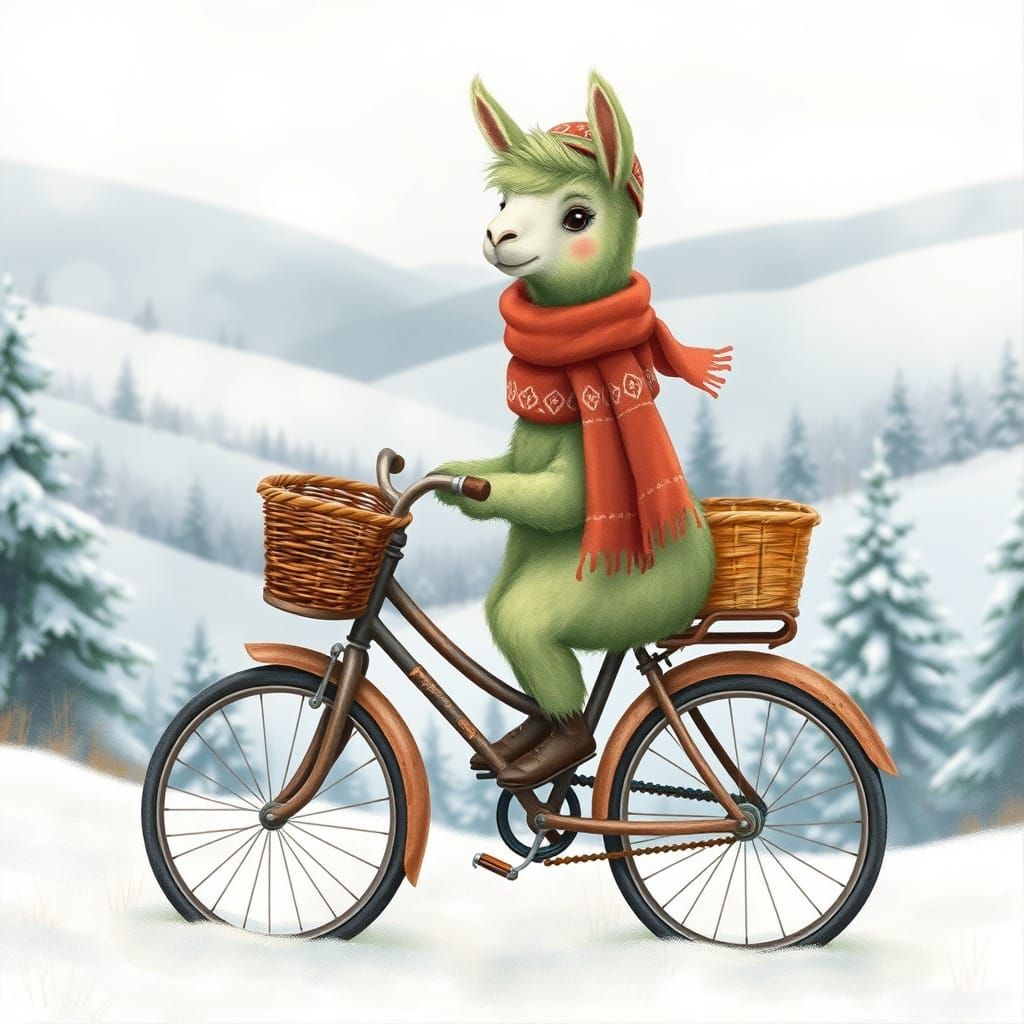 Enchanting Green Llama Rides Bicycle in Winter Wonderland