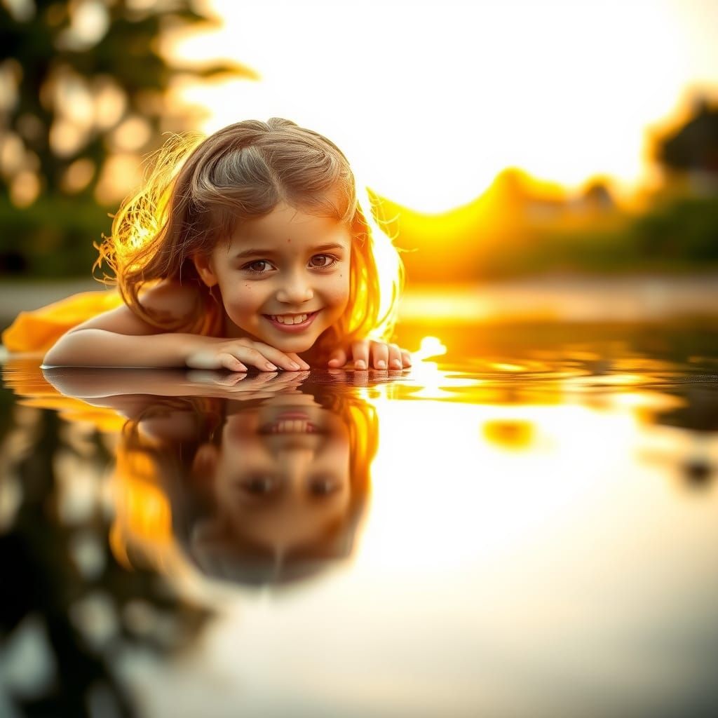 Girl Gazing at Mirrored Reflection During Sunrise