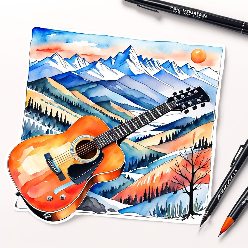 Guitar in Mountain Landscape, Watercolor Sketch
