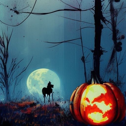 Eerie Moonlight Reveals Broken Pumpkin and Distant Horse