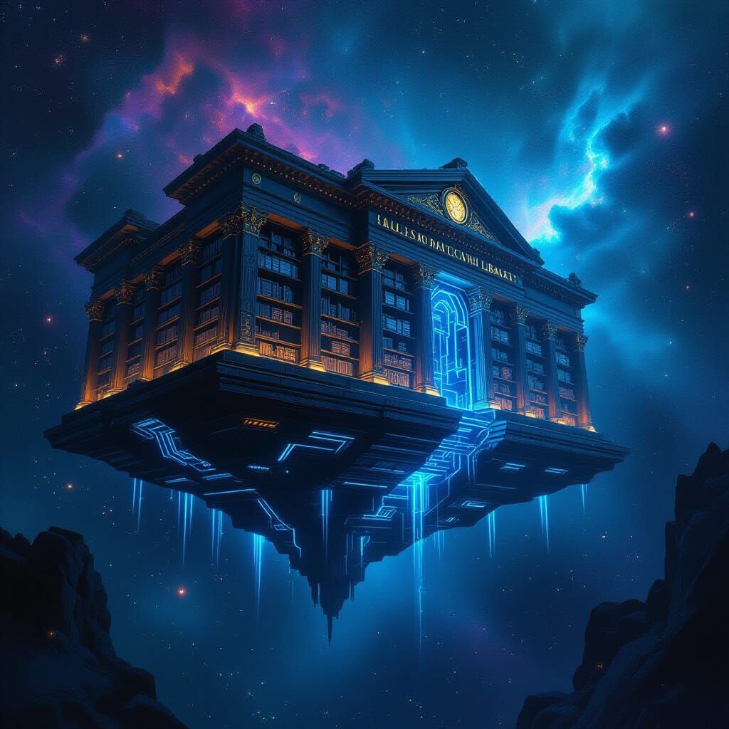 Ancient Obsidian Library in Space, Lit by Nebulae