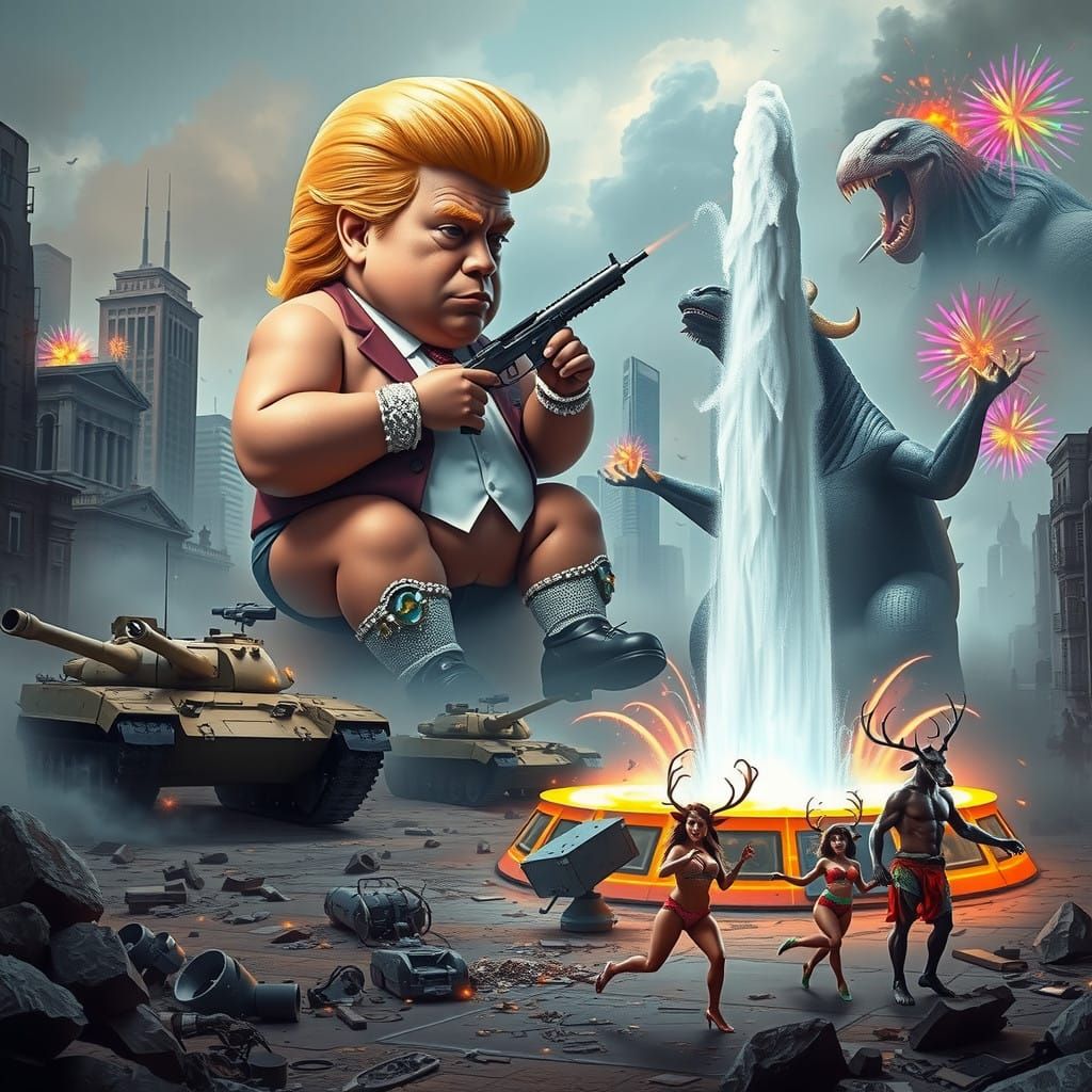 Dystopian Cityscape Chaos: Trump and Andrew Tate Rampage Ami...