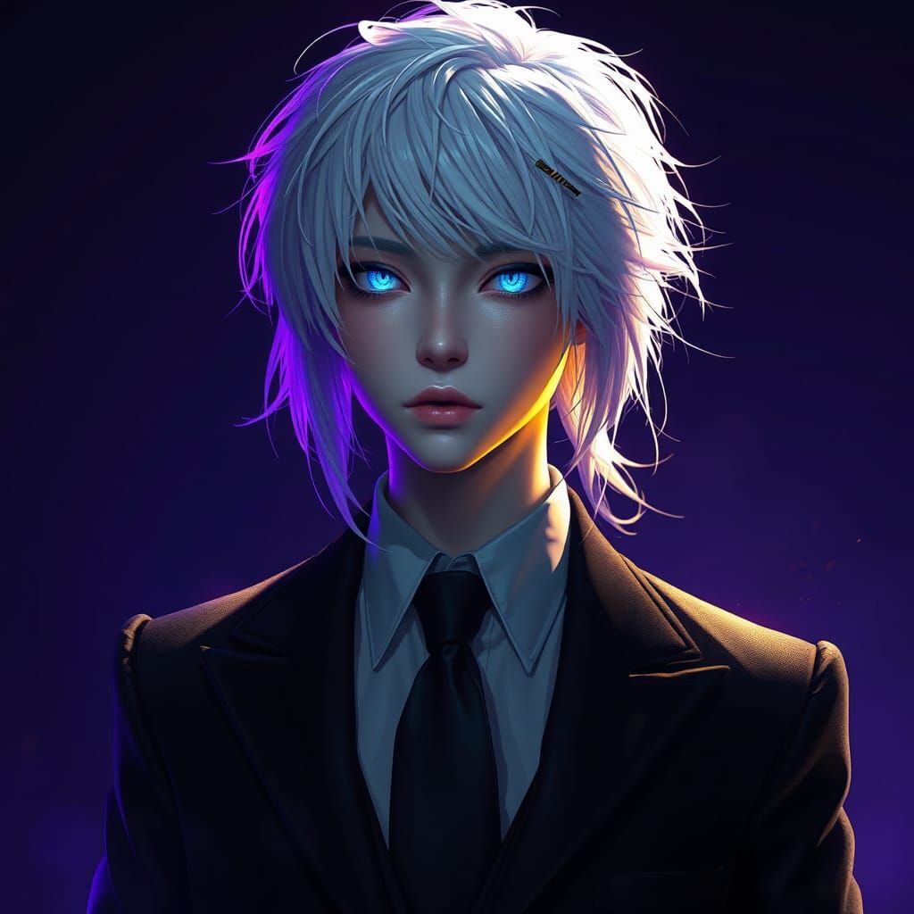 Fantasy Portrait of a Glowing-Eyed Person in Dark Suit