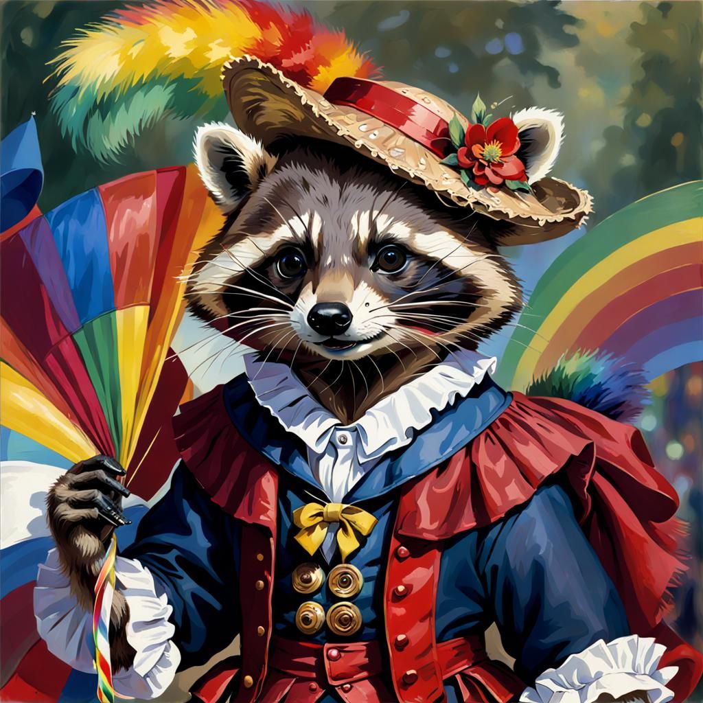 Raucous Raccoon Revelry in Classical Painting Style