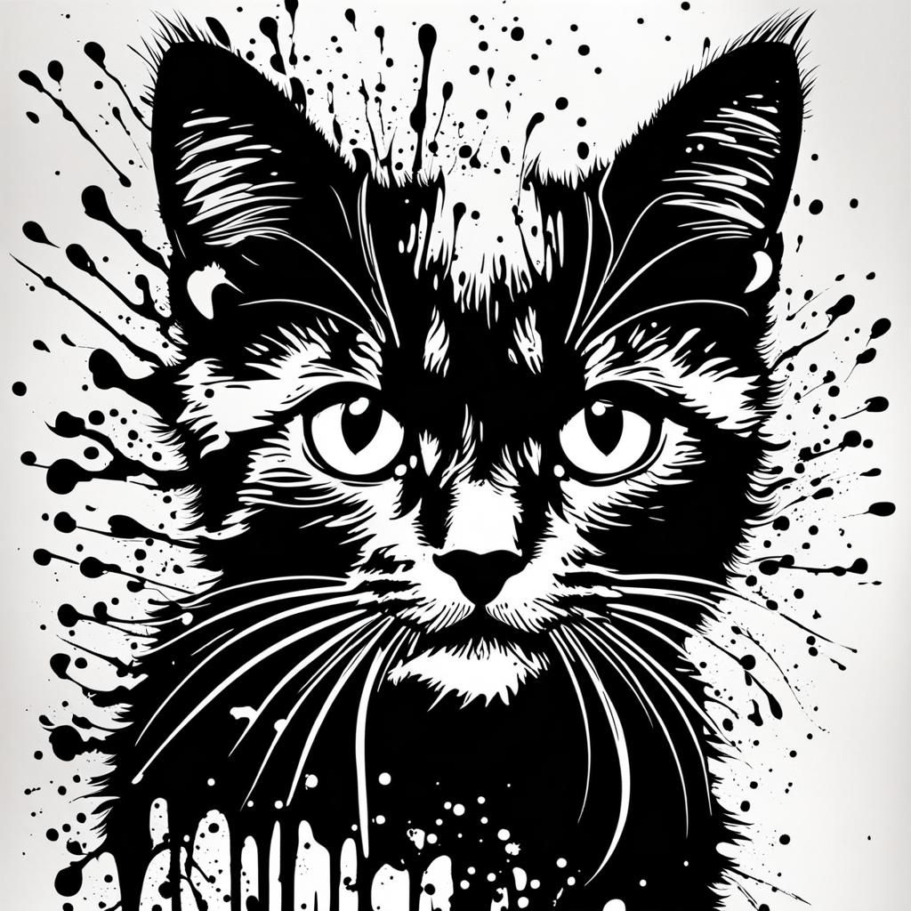 Ink Splatter Kitten: Black and White Digital Art