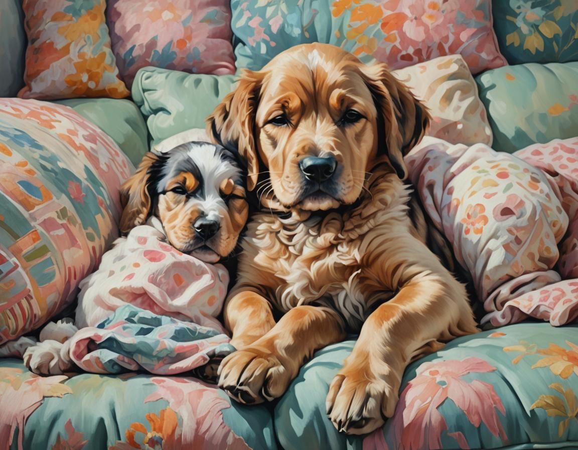 Sleeping Baby and Dog Portrait in Impressionist Style