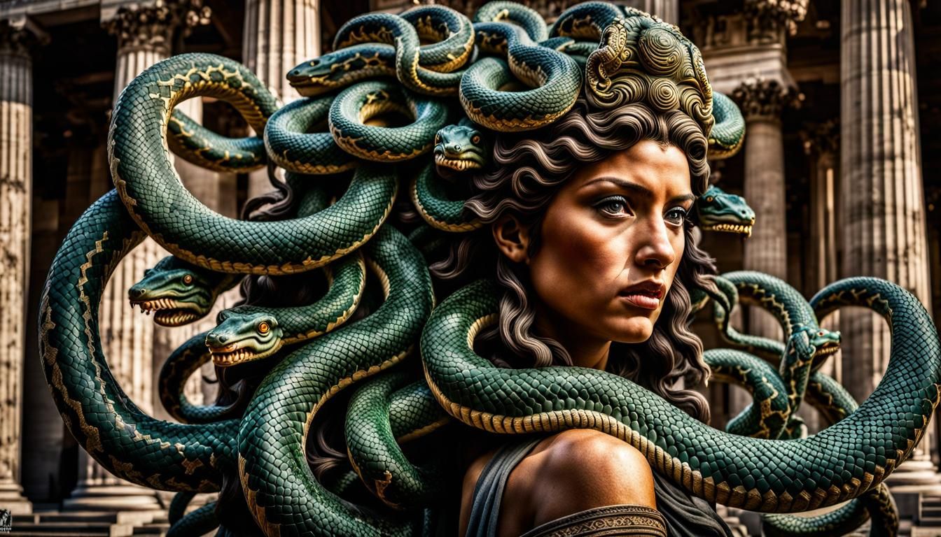 Hyperrealistic Gorgon with Snakes and Roman Columns