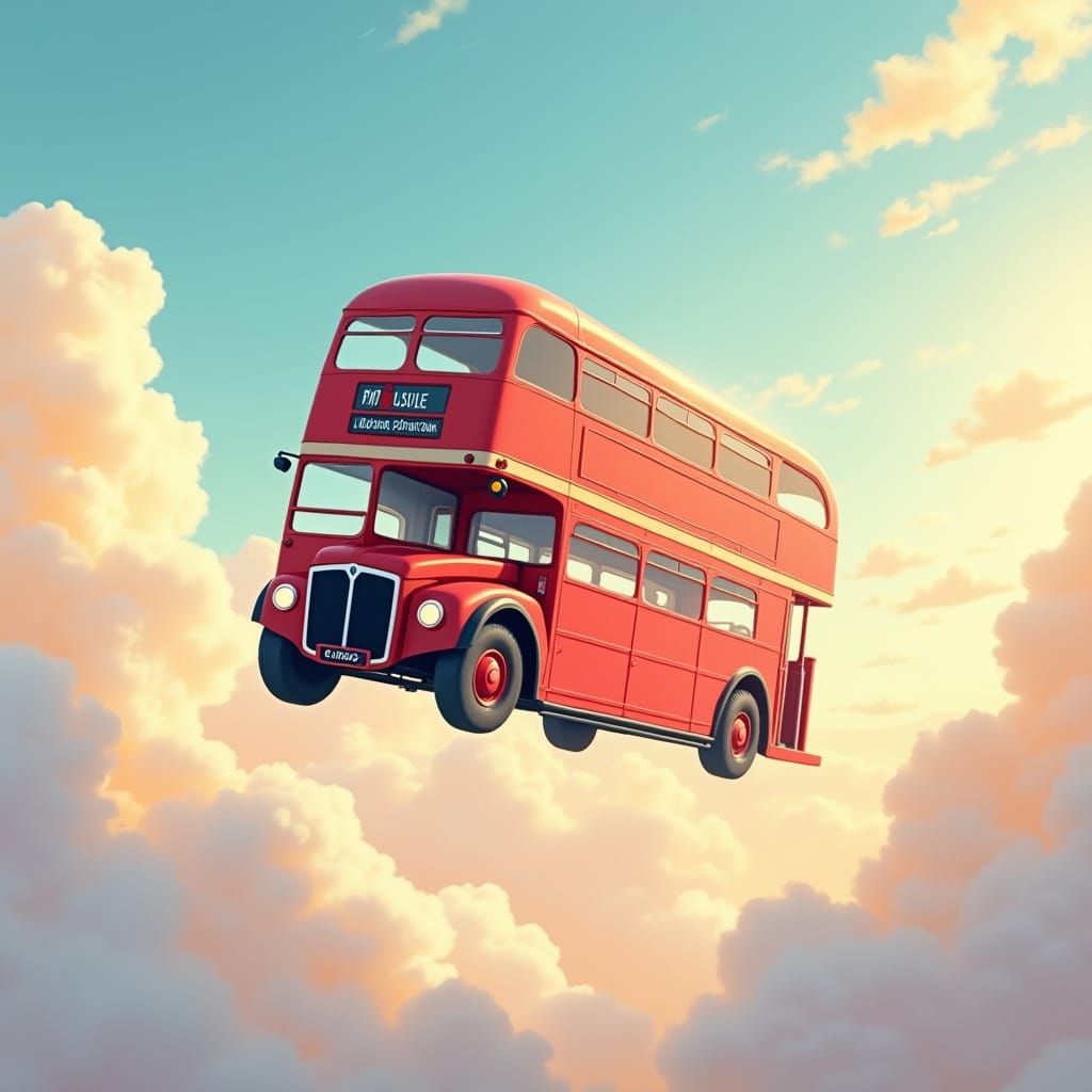 Whimsical Red Bus Floats Through Pastel Sky
