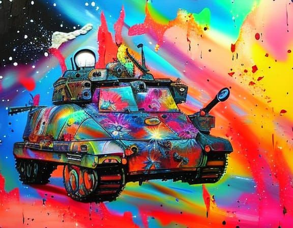 depict exploded russian tank T-90, r all space covered whimsical vibrant flowers from different planets. macro. poly-hyd...
