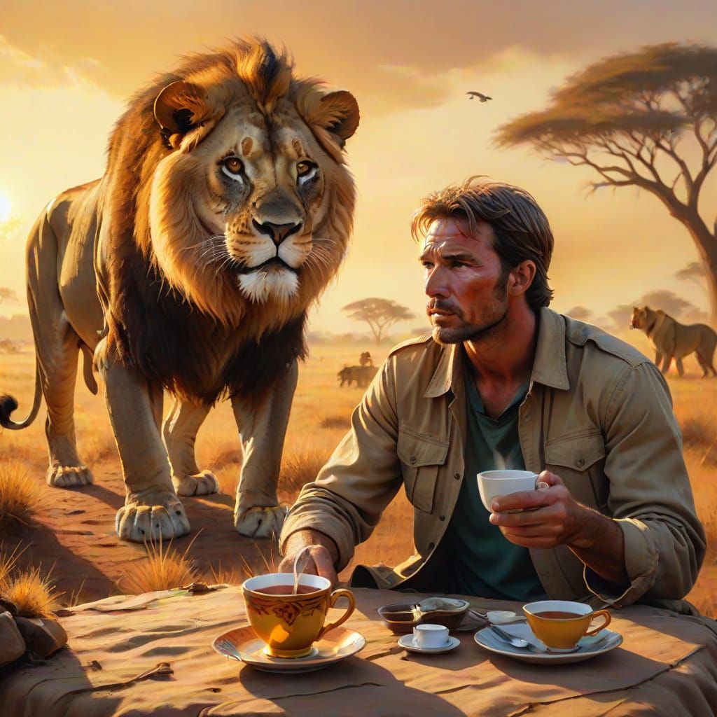 Safari Hunter's Close Encounter: Vibrant Oil Painting