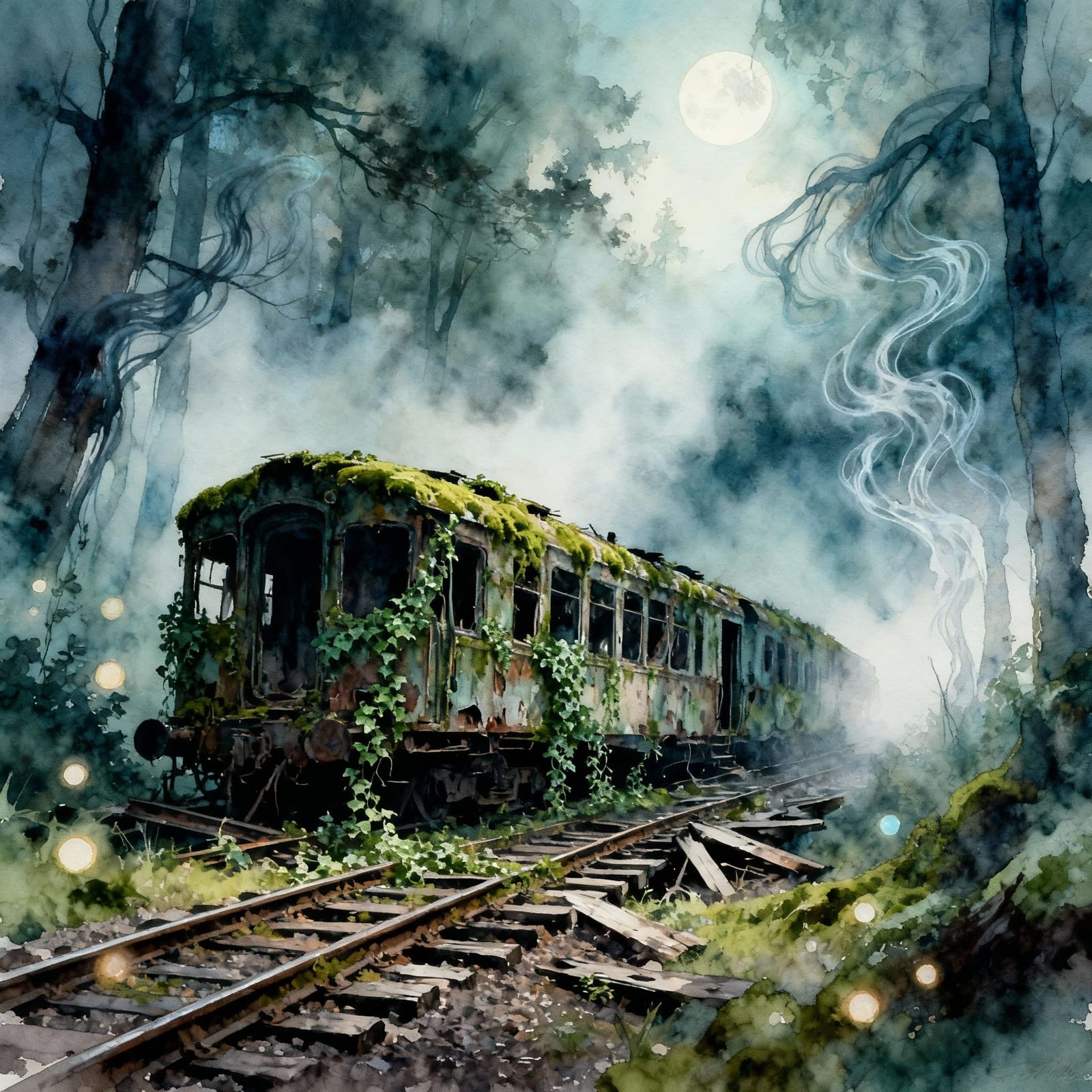 Enchanted Forest Train Wreckage in Misty Moonlight
