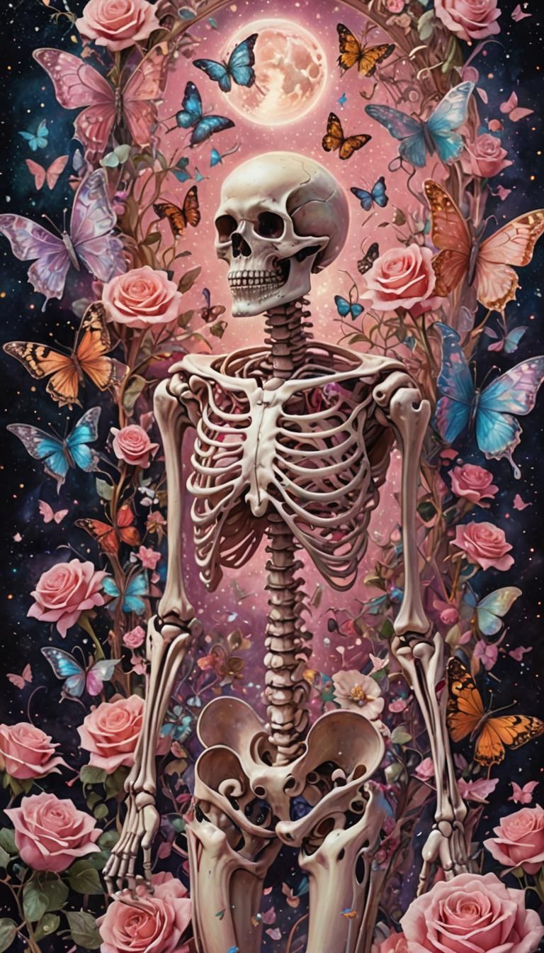 Cosmic Skeleton with Roses and Butterflies