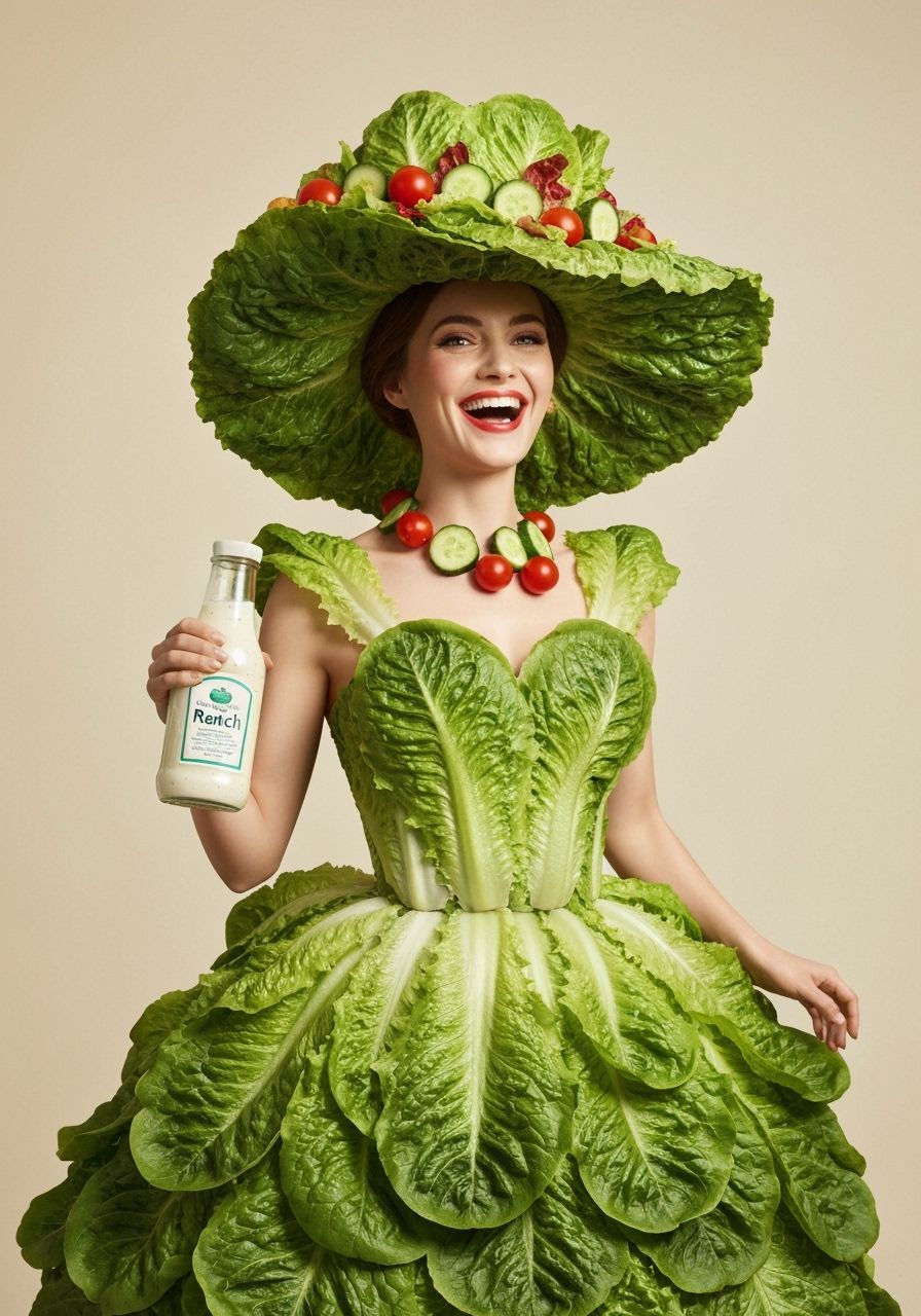 Whimsical Lettuce Dress Woman with Ranch Dressing
