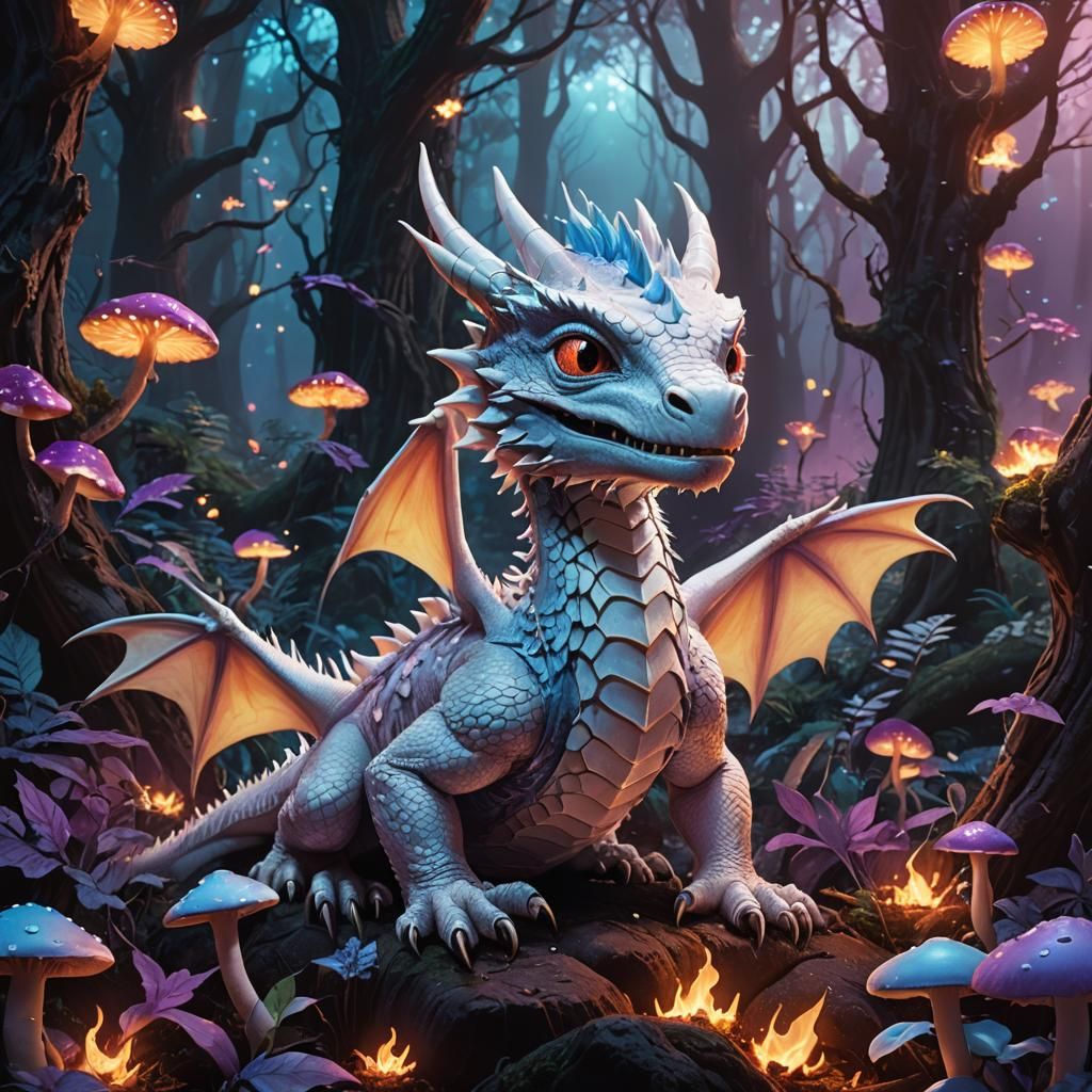 White Dragon Fire in Bioluminescent Forest