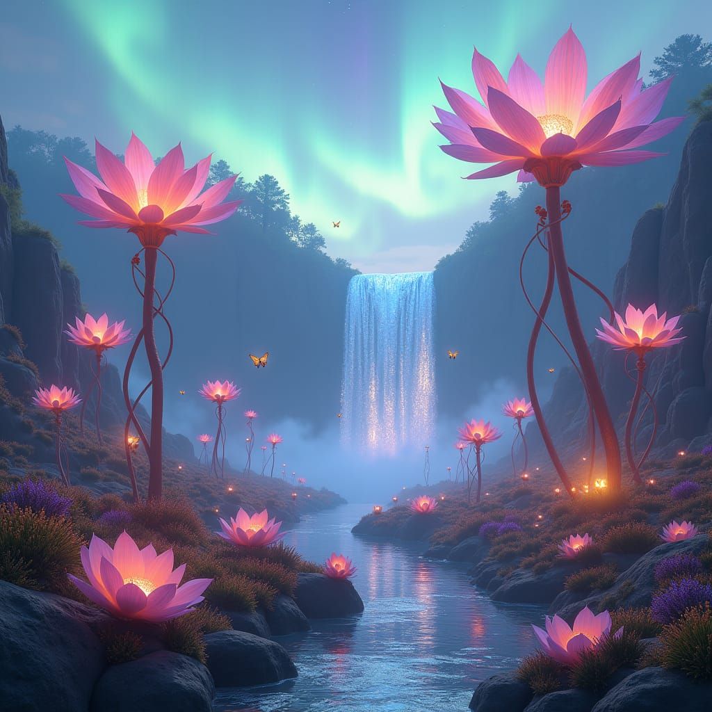 Dreamlike Valley with Iridescent Flowers, Fantasy Concept Ar...