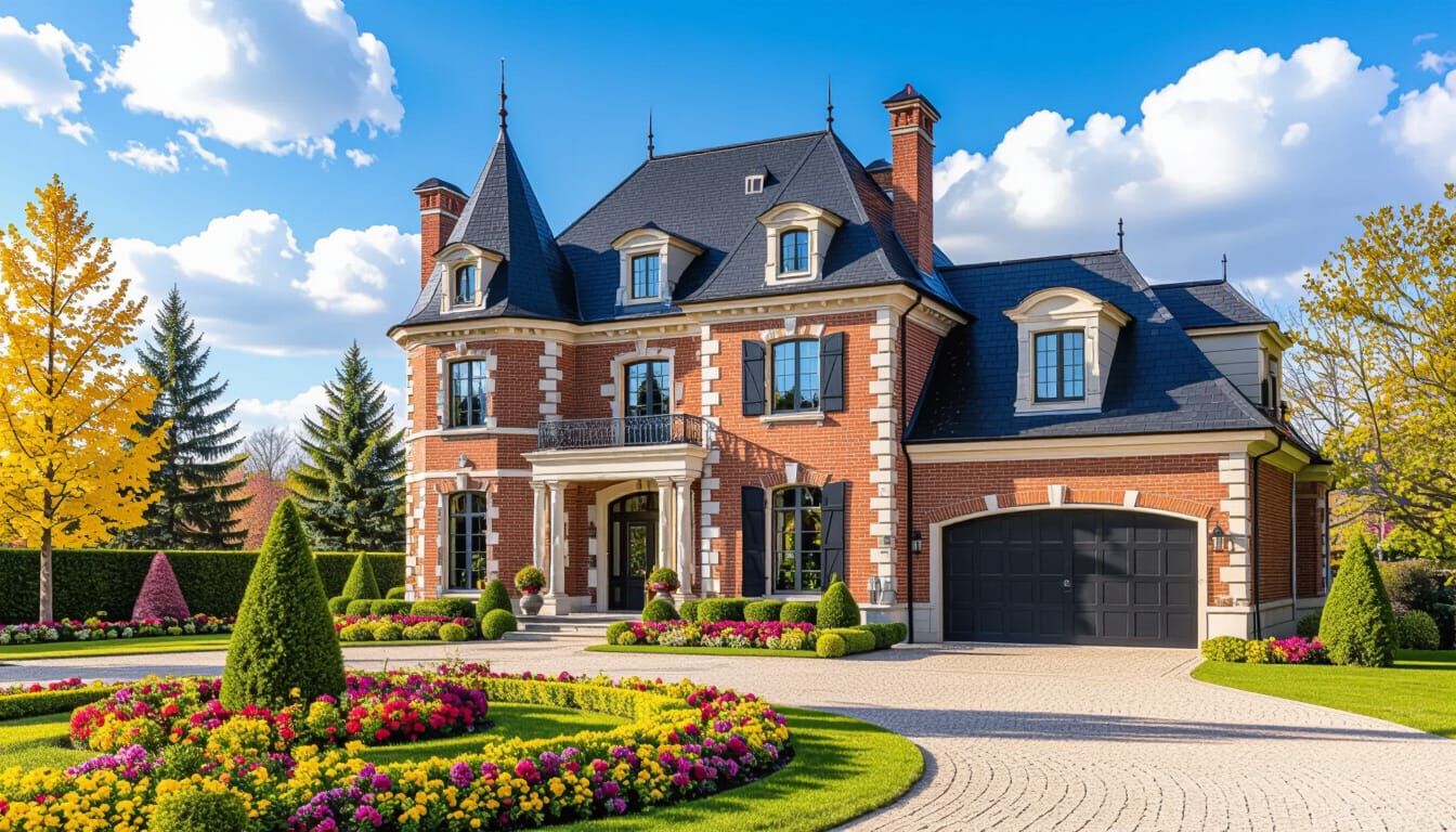 Grand Brick Chateau Amidst Vibrant Gardens