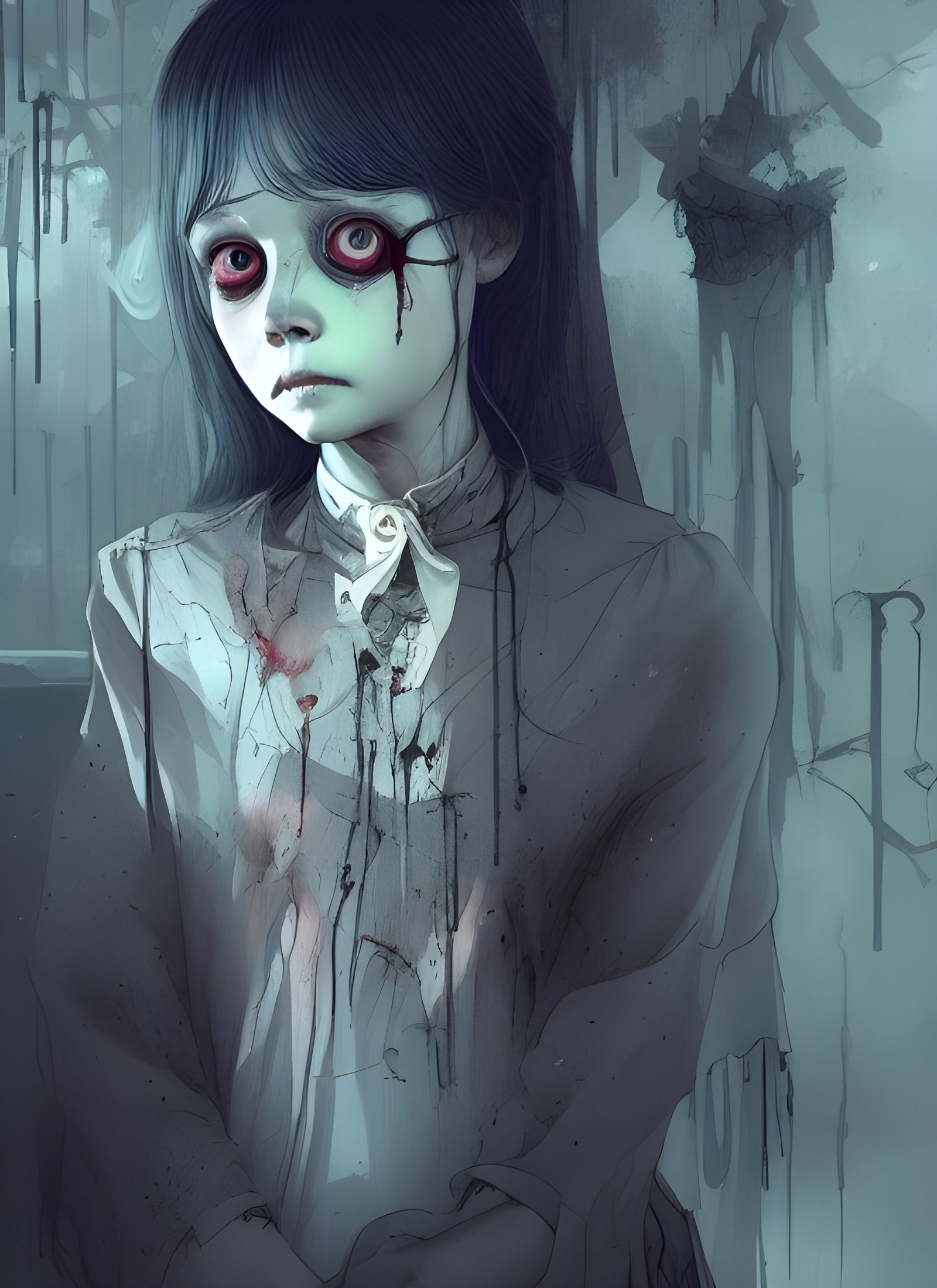 Sad Ghost Girl in Haunted Mansion Watercolor