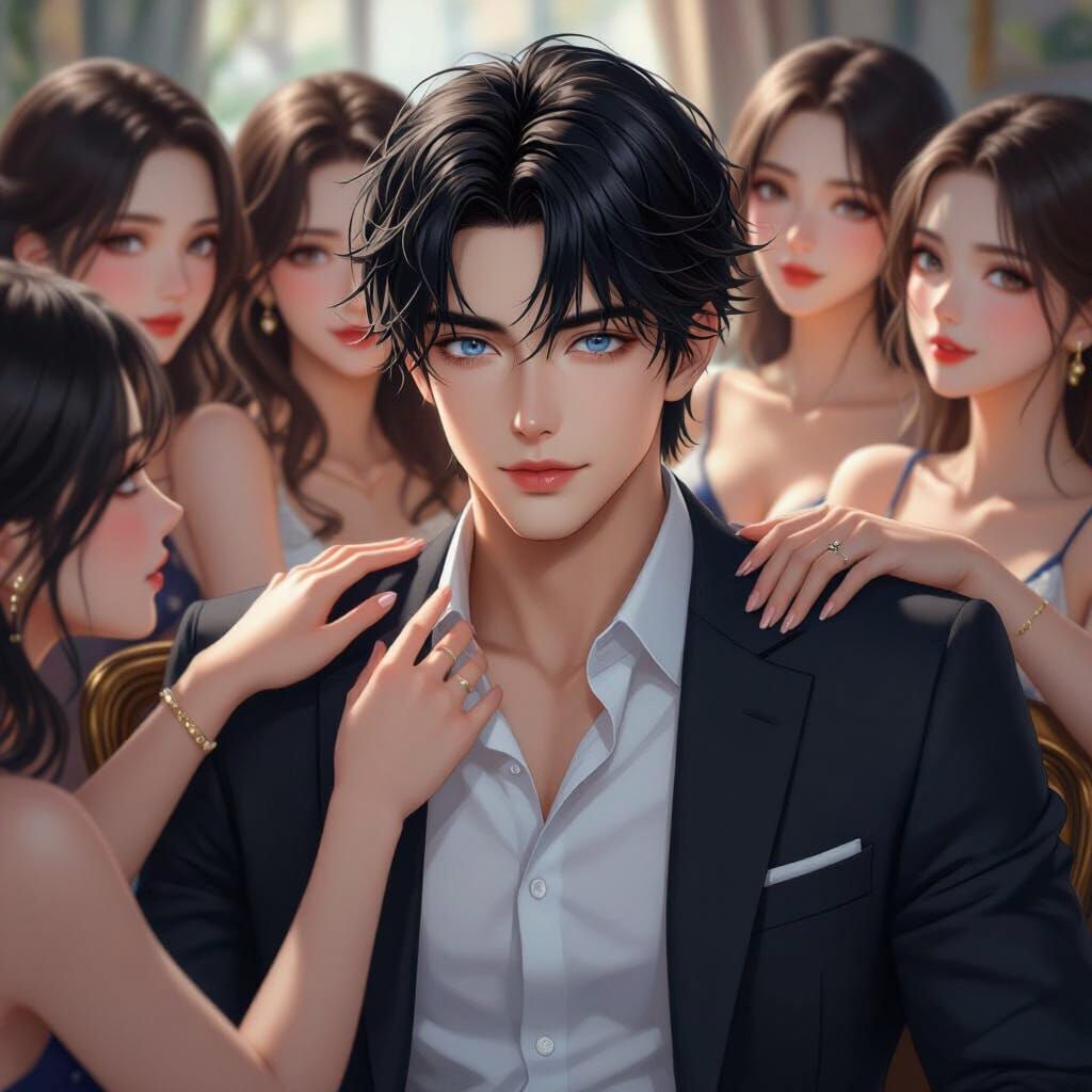 Handsome Man in Suit Surrounded by Women, Manhwa Style