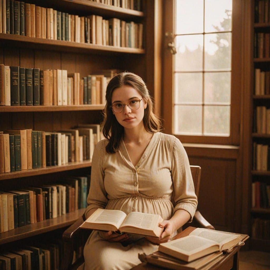 Pregnant Girl in Vintage Library Reading a Book