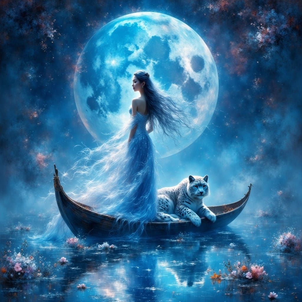 Ethereal Goddess and Snow Leopard on Flowing Boat