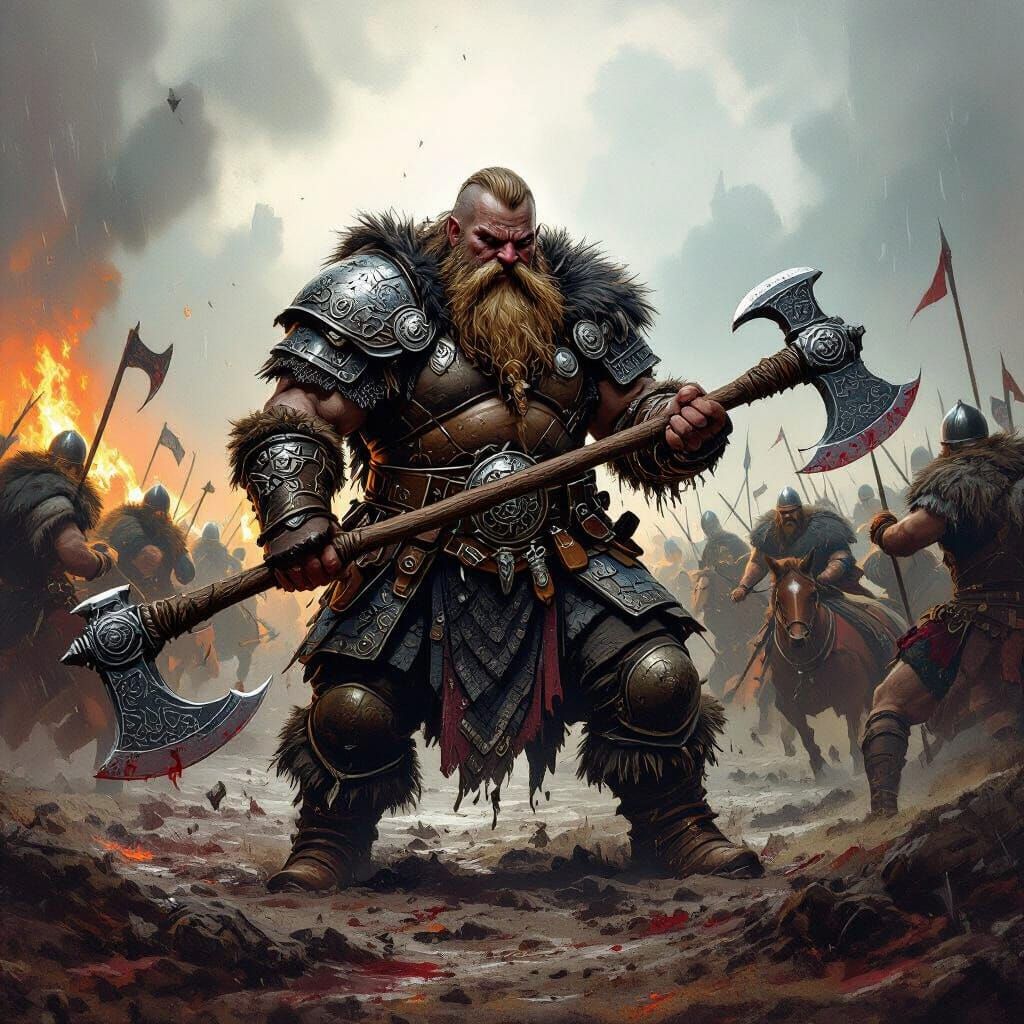 Dwarf Warrior in Dark Fantasy Battle Scene