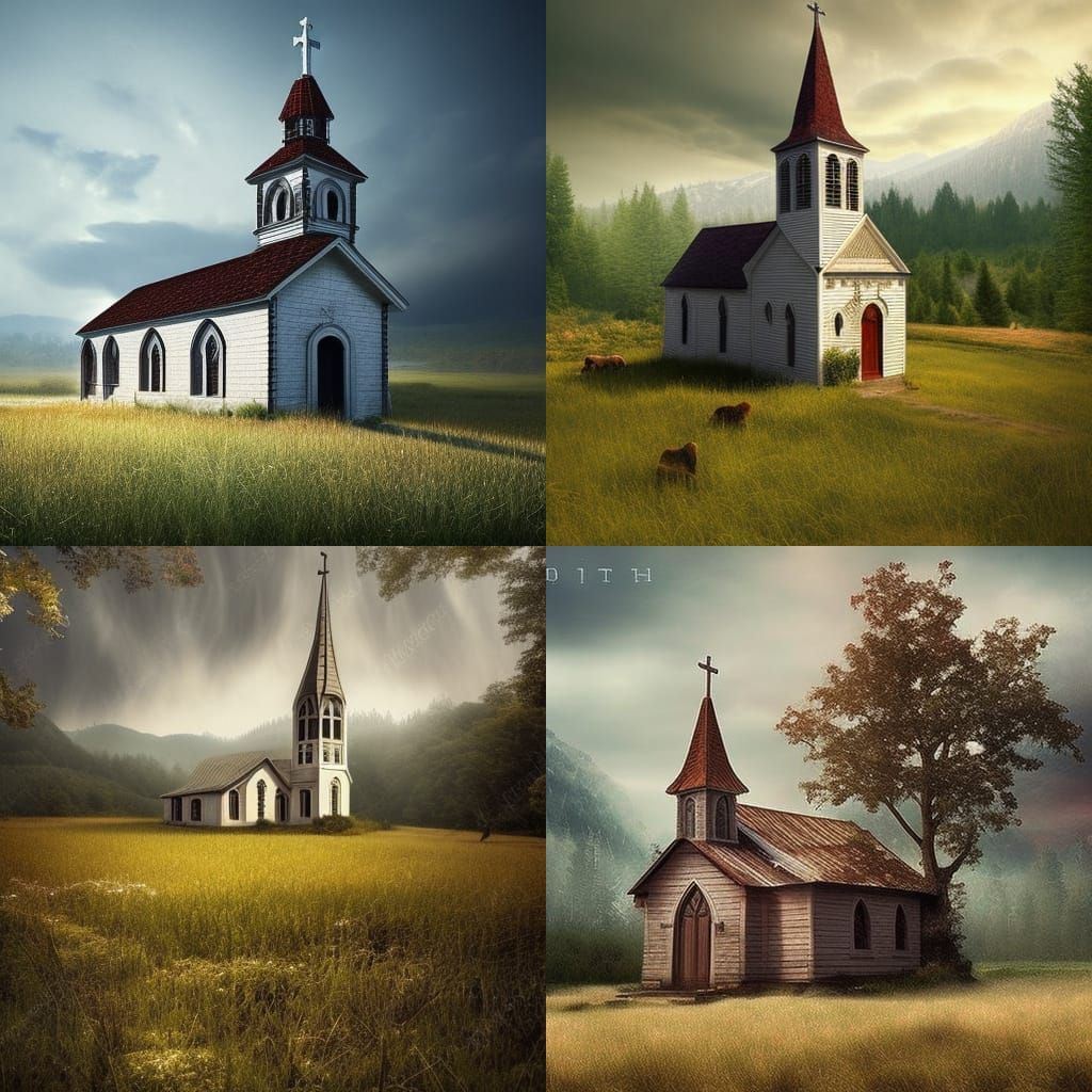 Realistic Church in Meadow: Digital Matte Painting