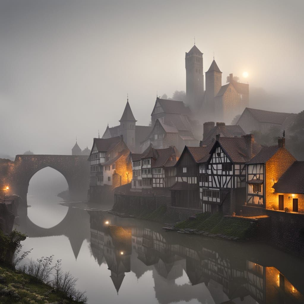 Medieval Town in Thick Fog
