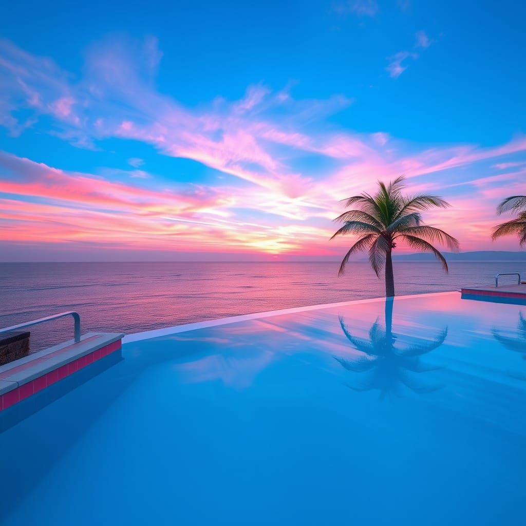 Liminal Poolscape at Summer Sunset with Transparent Palms