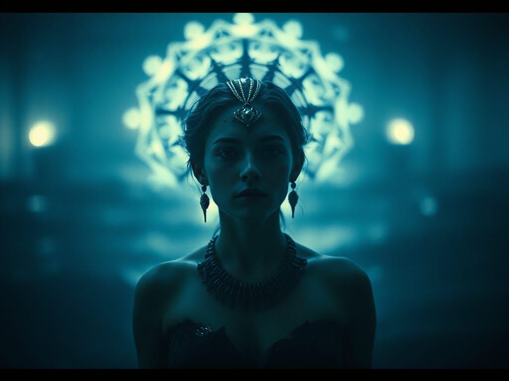 Mysterious Female Ocean Oracle in Cinematic Film Still