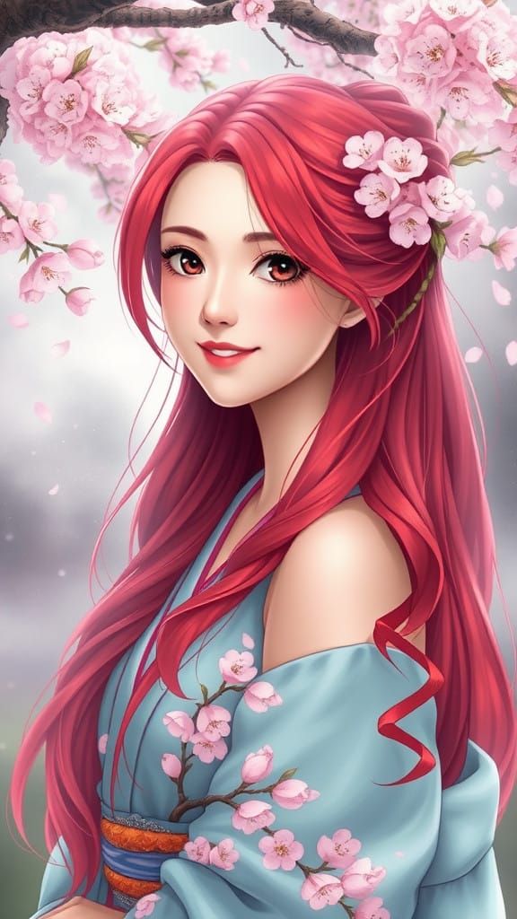 Ethereal Japanese Goddess in a Vibrant Sakura Kimono