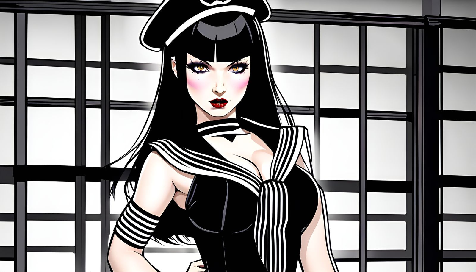 Noir Comic Style Woman in Sailor Suit