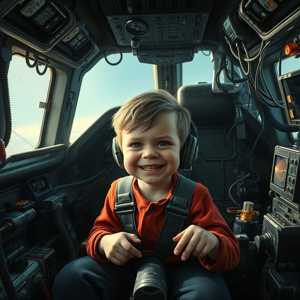 Mischievous Child Pilots Jumbo Jet: Hyperrealistic Style