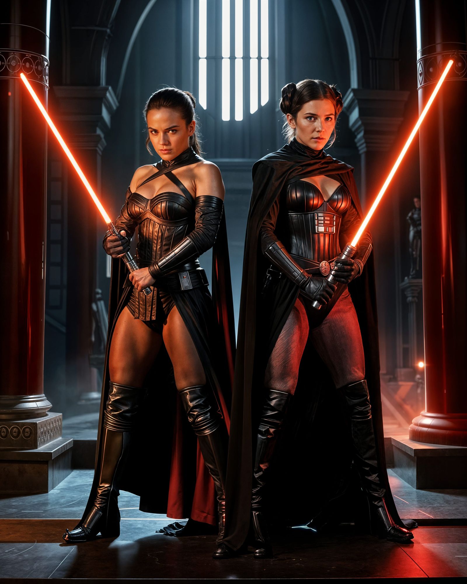 Two Warriors Ready for Battle with Lightsabers