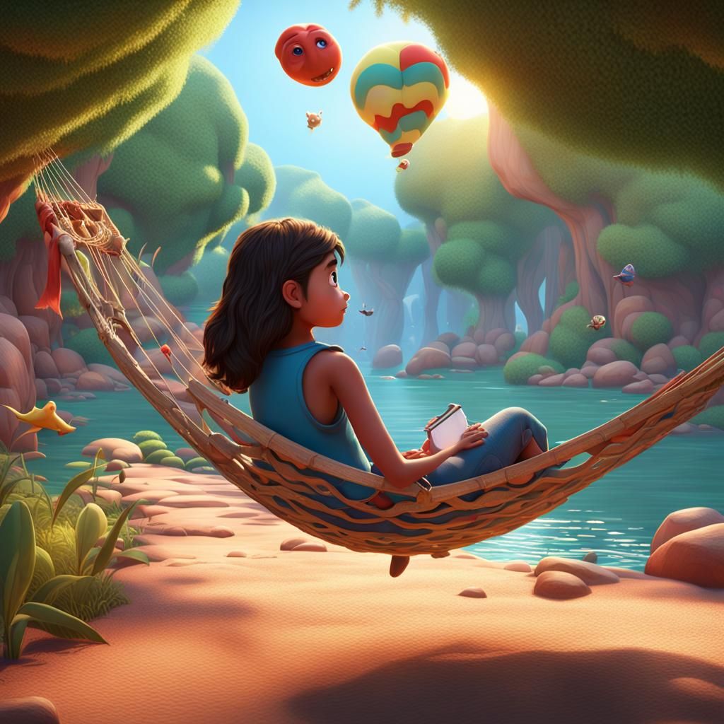 Young Woman Relaxing in Hammock by River, Pixar Style